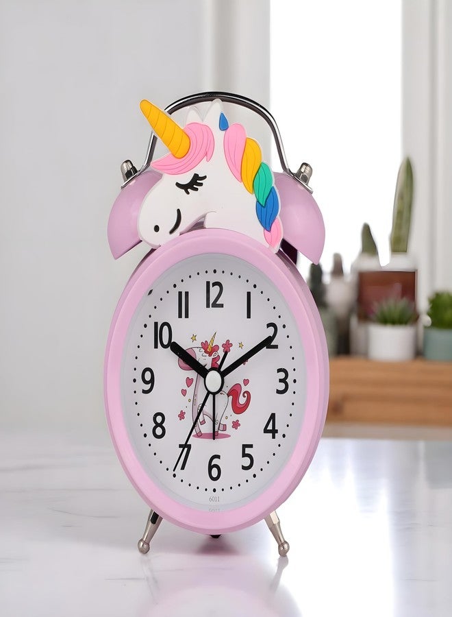 De'rons Twin Bell Analog Table Alarm Clock for Heavy Sleepers with Backlight Alarm Clock for Study Table Funny Cute Cartoon Unicorn Shape Alarm Clock for Girls Kids Boys Bedroom 9 x 13.5 cm (Pink) - Image 1